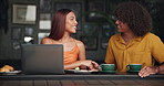 Students, coffee shop and people on laptop with handshake for assignment, group project and assessment. Cafe, restaurant and man and woman greeting on computer for studying, university and learning