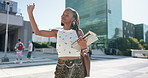 Student, notebook and wave with black woman in college for scholarship, education and future. Happy, learning and gen z with person walking on University campus for knowledge, academy and smile
