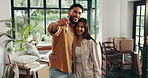 New home, happy and couple hug with keys for property, moving day and investment. Homeowner, real estate and portrait of man and woman with keychain for mortgage, purchase house and rental apartment