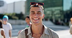 Face, smile and student with man on college for sports scholarship, education and future. Happy, university campus and gen z youth with person in  urban city for knowledge, academy and learning