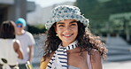 Face, woman and student smile at university for education, learning and knowledge at campus building. Portrait, gen z girl and future study with academy, college and pride for scholarship degree