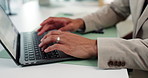 Hands, accounting or businessman on laptop for budget savings, news update or research. Financial report, audit or investment banker typing online for money management, taxes review or profit growth