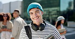 Face, gen z and student with man in college for sports scholarship, education and future. Happiness, university campus and youth with person in urban city for knowledge, academy and learning