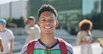 Face, African and student with man on college for sports scholarship, education and future. Happy, university campus and gen z youth with person in  urban city for knowledge, academy and learning