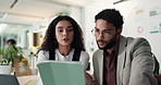 Teamwork, solution or business people on tablet for research, budget savings or news. Financial auditor, review or investment banker reading online for sales data analysis, project or growth ideas