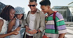 City, education and phone with group of friends outdoor on university campus together for break. App, smile and social media with student people in urban town for college scholarship or communication
