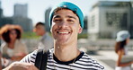 Face, education and student with man in college for sports scholarship, gen z and future. Happiness, university campus and youth with person in urban city for knowledge, academy and learning