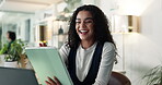 Laughing, reading and woman with tablet, office and happy with feedback for article and journalist. Newsroom, smile and person with tech for project, reporter and review of published story on website