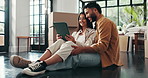 Couple, new home and tablet on floor with talking, boxes and excited with app for interior design. People, man and woman with digital touchscreen, smile and online shopping for furniture at apartment