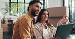Couple, new home and tablet on floor with discussion, boxes and planning with app for interior design. People, man and woman with digital touchscreen, smile and decision for furniture at apartment