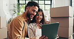 Couple, new home and tablet with discussion, boxes and planning with app for interior design on floor. People, man and woman with digital touchscreen, smile and decision for furniture at apartment