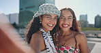Face, friends and selfie for women, laughing and bonding in city with photography, Gen z and outdoor. Happy, influencer and people with profile picture for social media, memory and post on break