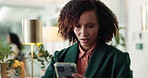 Business, surprise and woman in office, smartphone and funny meme with connection. Person, fashion journalist and magazine editor in workplace, cellphone and internet with wow, shokced and expression