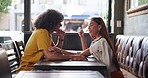 Couple, laugh and drinks on date at coffee shop, listen or relax with memory, reunion and bonding. Man, woman and smile with trust, chat and connection with love, loyalty or tea cup at restaurant