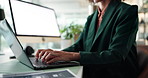 Business person, hands and typing with laptop for communication, email or journalism at office. Closeup, employee or copywriter working on technology for online article, news or post at workplace