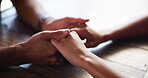 Couple, cafe and holding hands for love in relationship, support and affection for bonding. Restaurant table, touch and security in connection, marriage partnership and fingers for dating romance