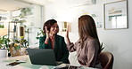 Laptop, meeting and high five with business people in office for coaching, success or advisor. Teamwork, training and profit with employees in agency for collaboration, project management and support