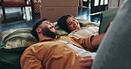 Couple, new house and tablet on floor with boxes, happy and excited with app for interior design. People, man and woman with digital touchscreen, relax and online shopping for furniture at apartment