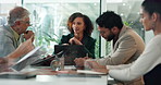 Business people, meeting and conversation with woman, feedback and planning for project. Employees, coworking and group in office, discussion and proposal for client, sales increase and cooperation