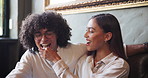 Smile, love and feeding couple chocolate in cafe for romance, dessert and laugh together. Man, woman and eating sweets on date in restaurant for valentines day celebration, talk or happy with treats