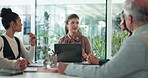 Business people, meeting and laptop with woman, feedback and collaboration for project. Employees, coworking and group in office, cooperation and proposal for sales increase, internet and teamwork
