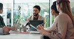 Business people, meeting and communication with woman, feedback and planning for project. Employees, coworking and group in office, review progress and proposal for client, sales increase and talking