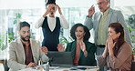 Meeting, fail and crisis with business people and laptop in office for bad news, investor mistake and sad. Stock market crash, stress and glitch with frustrated employees for trading inflation