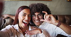 Selfie, face and couple in restaurant for bonding, romance or anniversary celebration together. Photograph gesture, smile and love with man, woman and portrait for valentines day date or social media