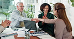 Business people, meeting or handshake with applause for promotion, celebration or congratulations at office desk. Group, team or excited employees shaking hands and clapping with smile for good job