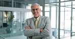 Mature manager, face and businessman with arms crossed for pride, experience and confidence in office. Portrait, financial ceo and happy executive, investment director and  boss with glasses in USA