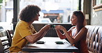 Couple, happy and toast drinks at coffee shop with love, celebration and profile for relationship goals, Man, woman and relax with tea cup, latte or cappuccino in montage for date at restaurant