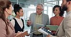 Mentor, meeting and planning with business people in office for coaching, idea and advisor. Teamwork, training and tablet with employees in agency for collaboration, project management and proposal
