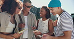Happy people, students and browsing with phone in city for communication, social media or app. Group, friends or gen z with smile on mobile smartphone for online post or funny joke in an urban town