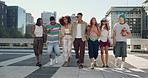 Students, friends and gen z in city with talk, happy or outdoor with hug, diversity and community. People, style and youth culture with men, women and solidarity for chat with fashion at university