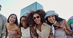 Girl, friends and face in city with sunglasses, happy and low angle for style with diversity. People, students and youth culture with gen z men, women and solidarity with fashion in urban town