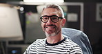 Face, business and man in office, illustrator and smile with confidence, career ambition and artistic. Portrait, happy person and graphic designer in workspace, glasses and cheerful with startup