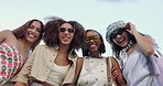 Girl, friends and smile in city with sunglasses, face and low angle for style with diversity. People, students and youth culture with gen z group, women and solidarity with fashion in urban town