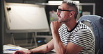 Business, thinking and man with computer, online reading and planning for project, creativity or copywriting. Person, employee or illustrator with pc, feedback or decision with research for proposal