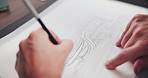 Hands, architect and sketch with building, design and lines with creativity, editing or process at company. Person, engineer and paper with writing, drawing or pencil for project management at agency