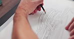 Hands, architect and sketch with building design, lines and creativity for editing process at company. Person, engineer and paper with writing, drawing and pencil for project management at agency
