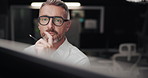 Decision, drawing and night with man, creativity and architecture with industry. Evening, person and employee with ideas, illustration and deadline with engineering, choice and problem solving 