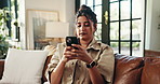 Sad, phone and thinking with woman on sofa for social media, bad news or online update. Networking app, conversation and frustrated person with mobile in living room at home for chat and mistake