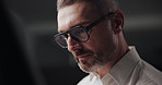 Mature man, designer and studio at night, thinking or editing process for creativity, inspiration and workshop. Person, perspective and review for results with project management in office at agency