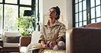 Thinking, home and woman on sofa with diary for writing ideas, inspiration and brainstorming. Living room, journal and person with notebook for mindfulness, thoughtful and creative planning on couch