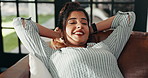 Woman, happy and relief with rest on sofa in home with reflection, eyes closed and break in living room. Girl, person and smile on couch, relax and comfort with fatigue, tired and exhausted in house