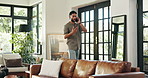 Man, phone call and home for business discussion, remote work and explain proposal in conversation. Living room, entrepreneur and chat to investor for funding, online and app for shares negotiation