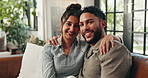 Home, sofa and face of couple for hug, bonding together and healthy marriage with love in lounge. House, man and happy woman in portrait for relax, commitment and affection in relationship on couch