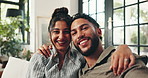 Couple, selfie and face with hug on sofa, happy or connection with love for post on web in living room. People, man and woman with embrace, photography or memory for social media at house in Colombia