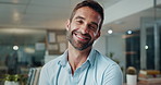 Face, confident and man with smile, business and positive mindset for corporate, ambitious or employee. Office, account manager and happy for opportunity of career growth, proud and person in company