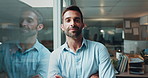 Face, happy and man with arms crossed, business and positive mindset for corporate, smile or employee. Office, account manager and confident for opportunity of career growth, joy or person in company
